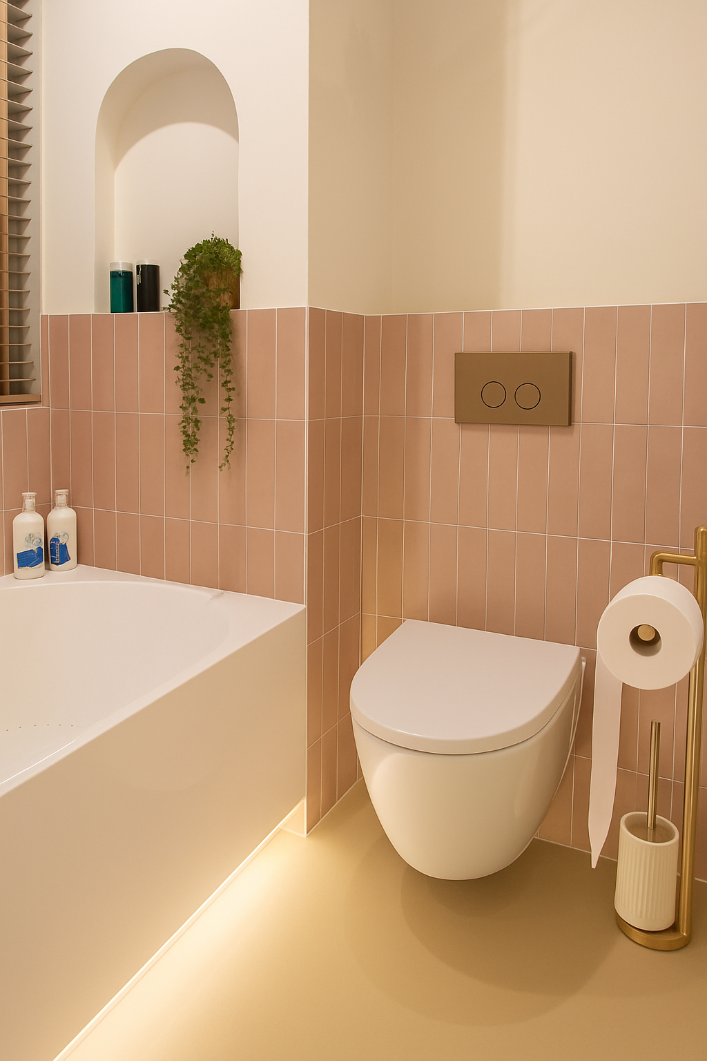 Badkamer met roze tegels, ligbad en toilet na renovatie, Den Haag