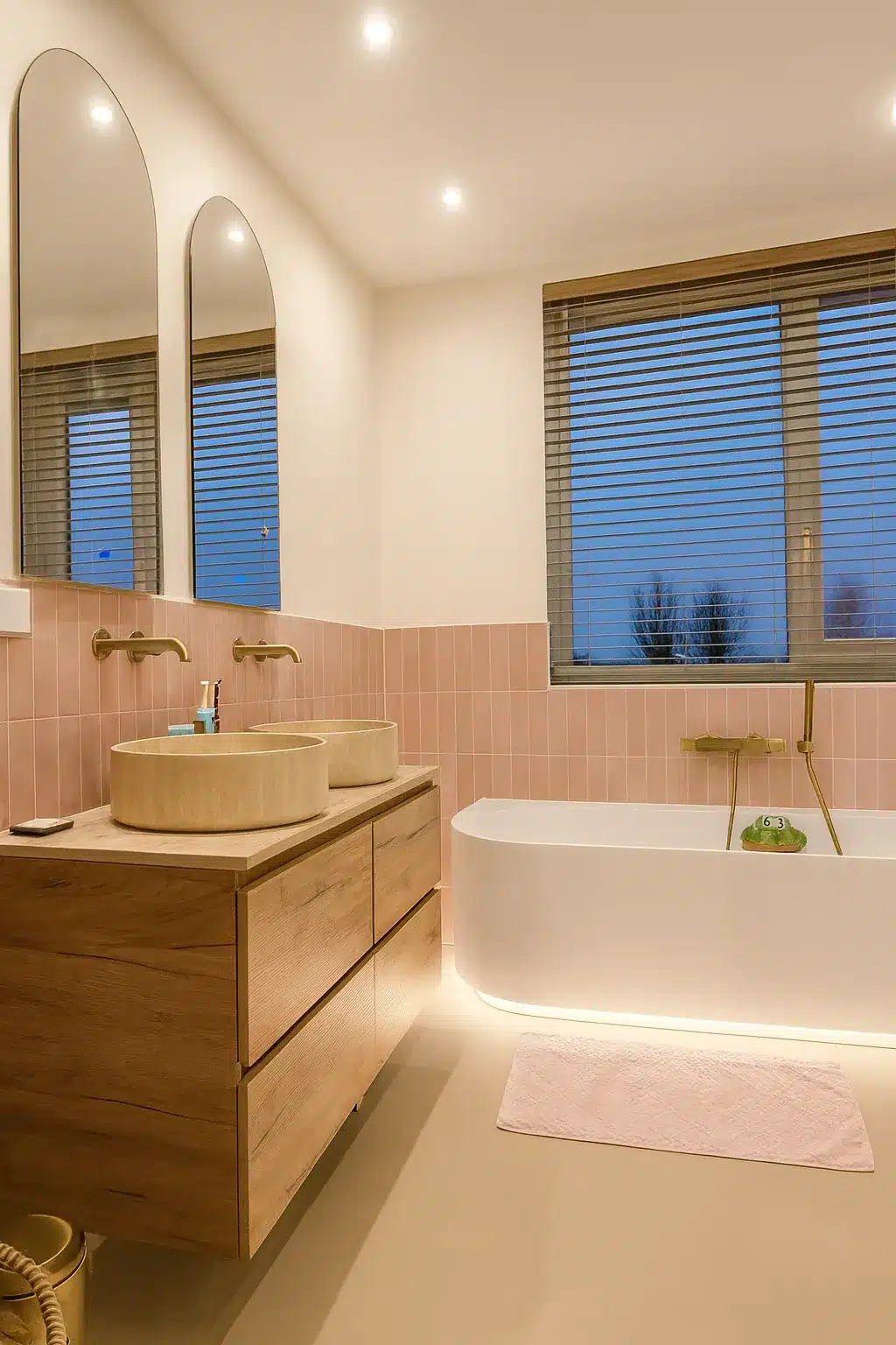 Badkamer met wastafel, ligbad en raam na renovatie, Den Haag