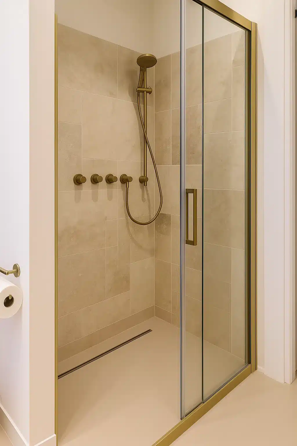 Douche met goudkleurige kranen en glazen wand, Den Haag