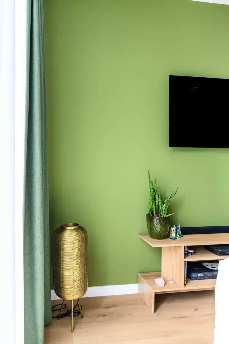Groene wand met televisie en plant na renovatie, Schiedam