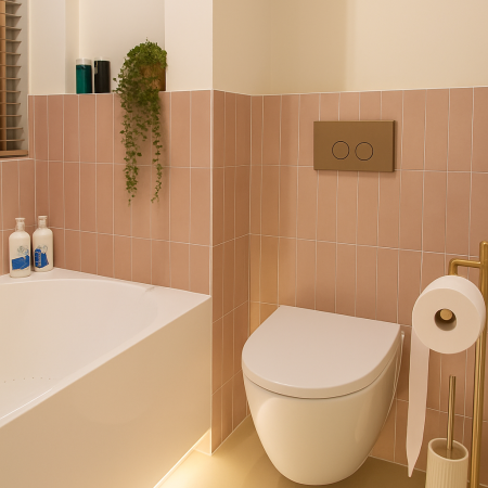 Badkamer met roze tegels, ligbad en toilet na renovatie, Den Haag