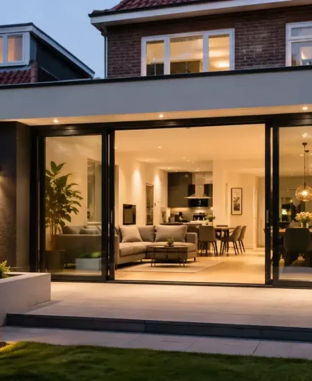 Uitbouw met glazen pui en terrasverlichting in de avond, Rotterdam